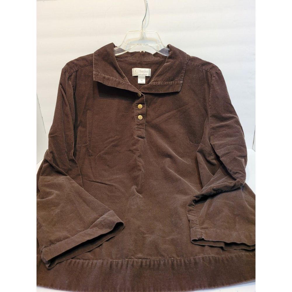 CJ Banks Corduroy Henley Top Womens 1X Brown‎ Excellent Tie Cuff Long Sleeve